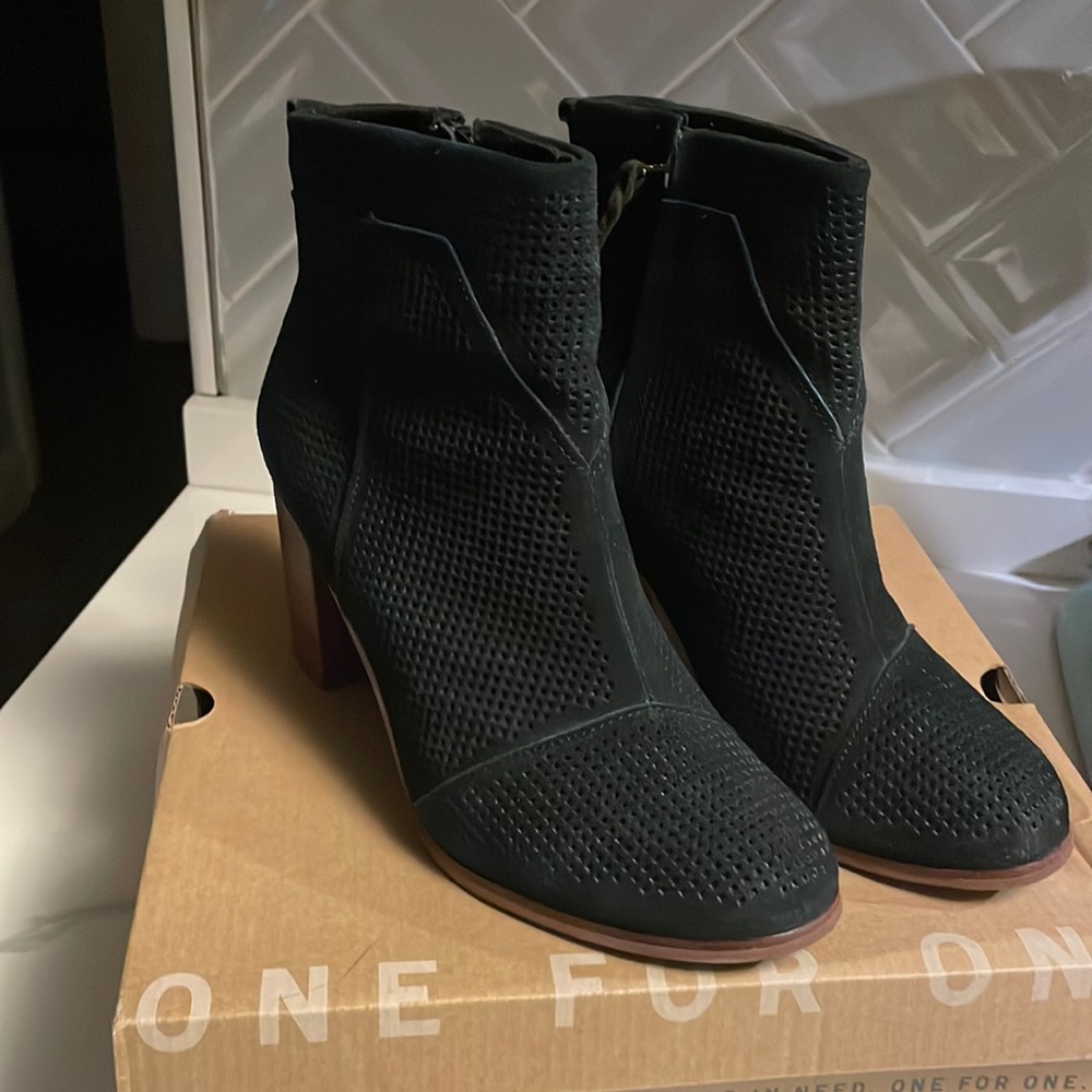 TOMS black suede perforated ankle booties